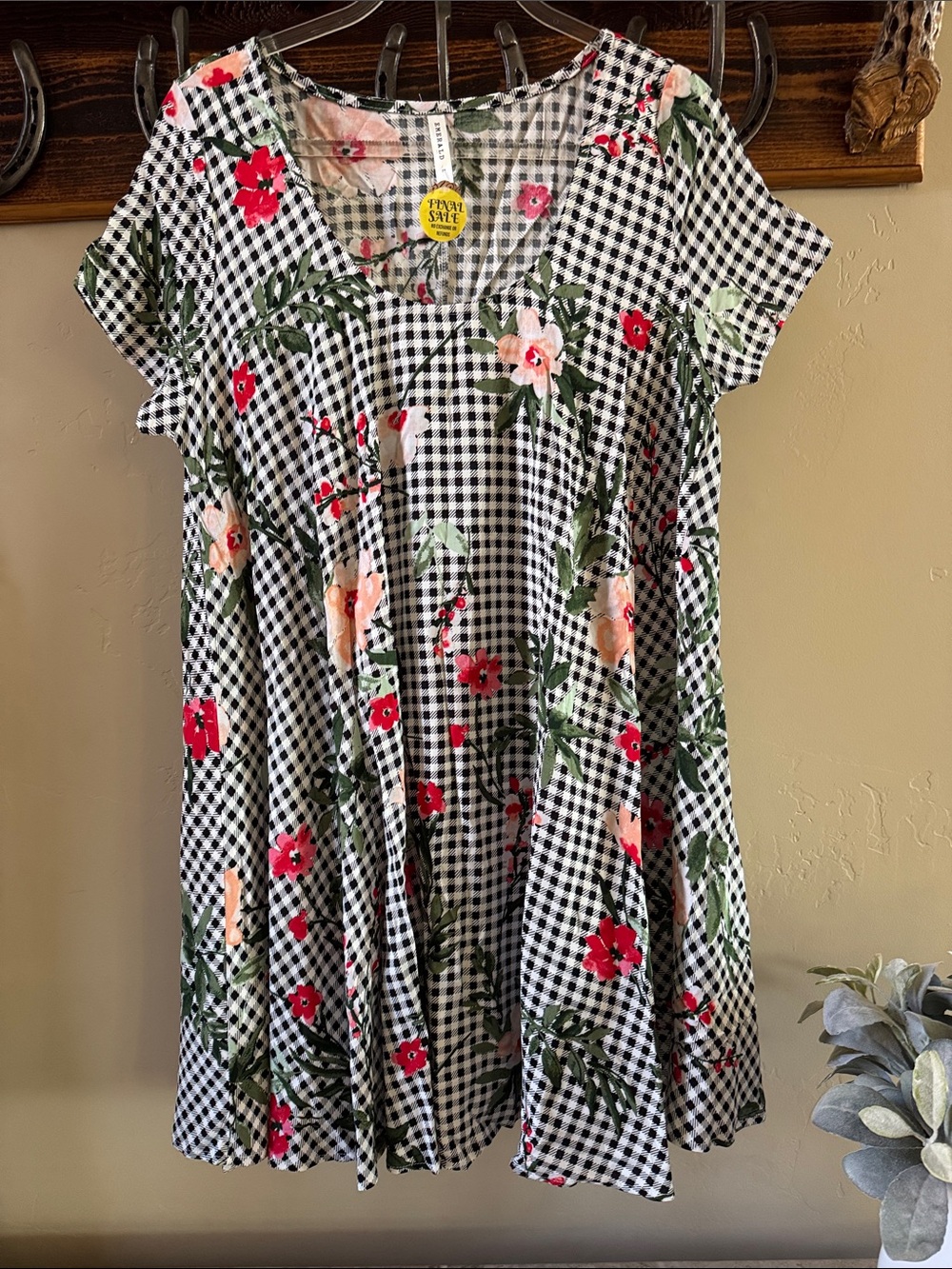 Emerald Black Gingham Floral Casual Swing Dress